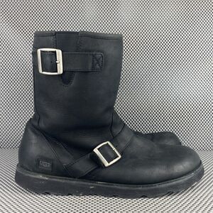 UGG Gallatin Boots Mens Size 11 Black Leather Winter Sheepskin Lined Moto Buckle